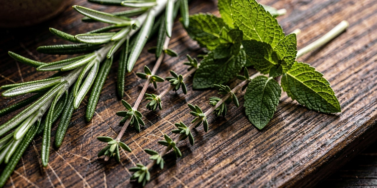 Φρέσκα βότανα σε πάγκο εργασίας